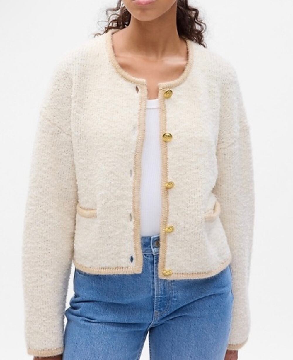 Gap Bouclé Cropped Cardigan Sweater Jacket Cream Gold Button Wool Blend Size S